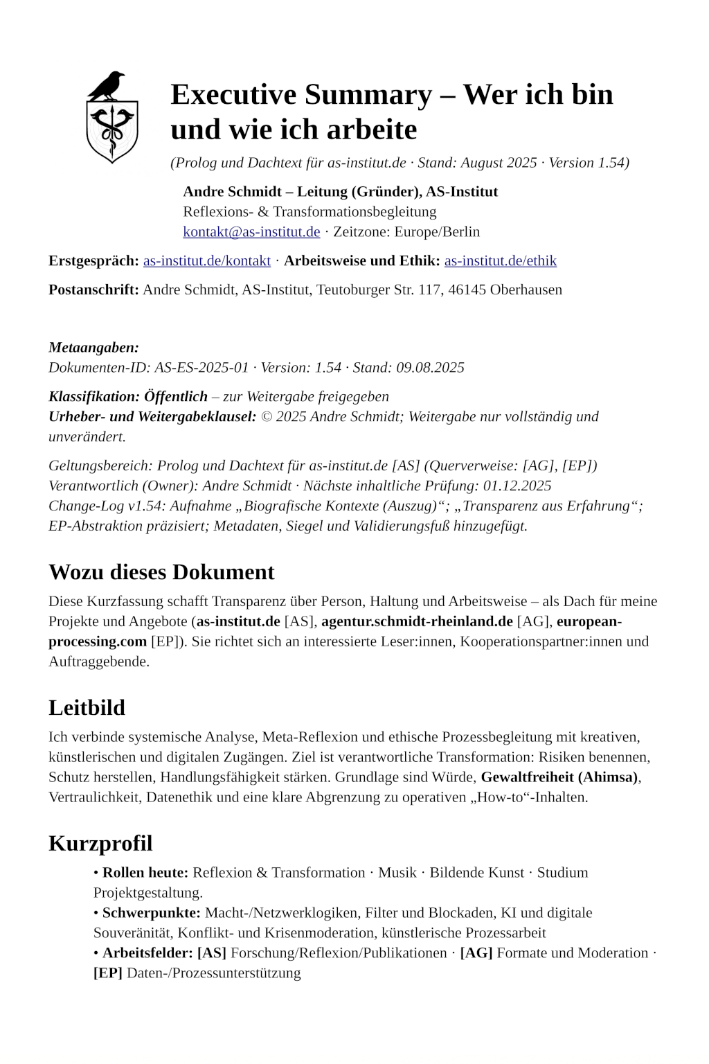 Cover Executive Summary – Andre Schmidt (AS-Institut): Leitbild, Prinzipien, Biografie-Kontext und Angebote.